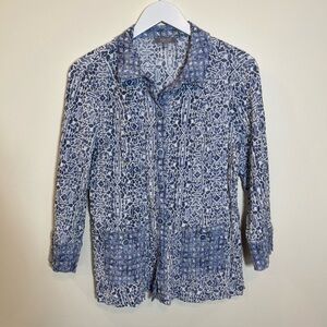 Habitat Crinkle Button Down Top Blue Womens Small Pockets 3/4 Sleeve